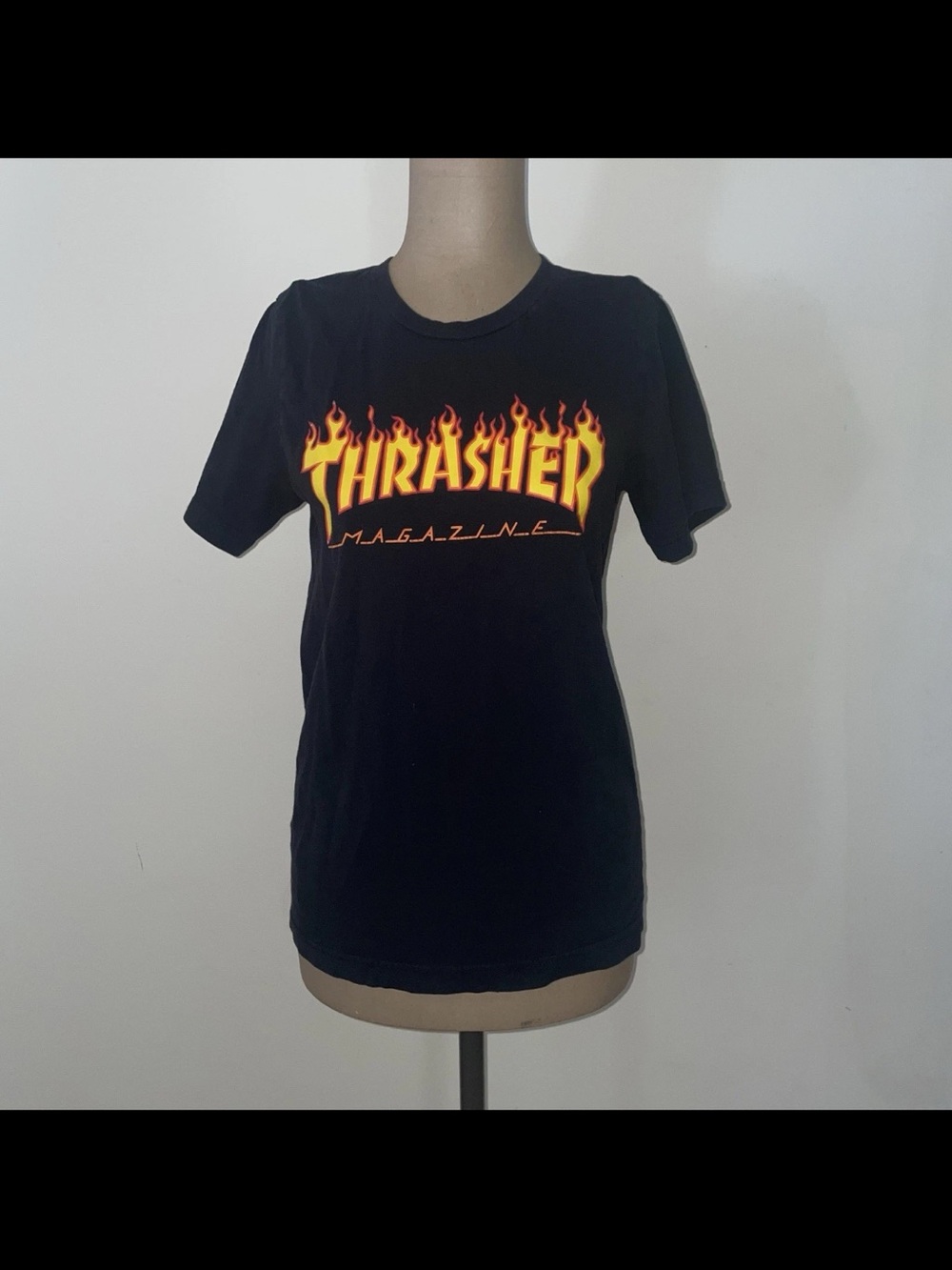 Thrasher Black T-Shirt with Yellow and Orange Flame Logo VNTGE